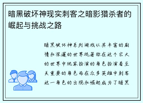 暗黑破坏神现实刺客之暗影猎杀者的崛起与挑战之路